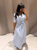 Elegant Women's Striped Long Dress Summer Lace Up Turn-Down Collar Single-breasted Blue A-line Dresses 2026 Lady Holiday Robes - Image 2