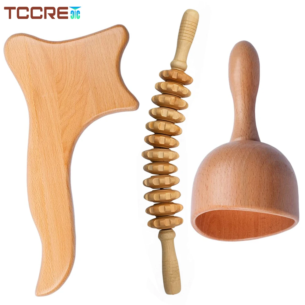 3PCS Wooden Curved Massage Roller Stick Wood Gua Sha Board Wood Swedish Cup Body Muscle Relief Lymphatic Drainage Anti Cellulite