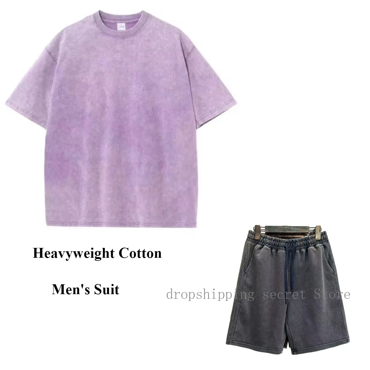 2025 Summer Heavyweight Cotton Men's Washed Do Old Suit Casual Solid Round Neck Fashion Short Sleeve T-shirt + Shorts Suit