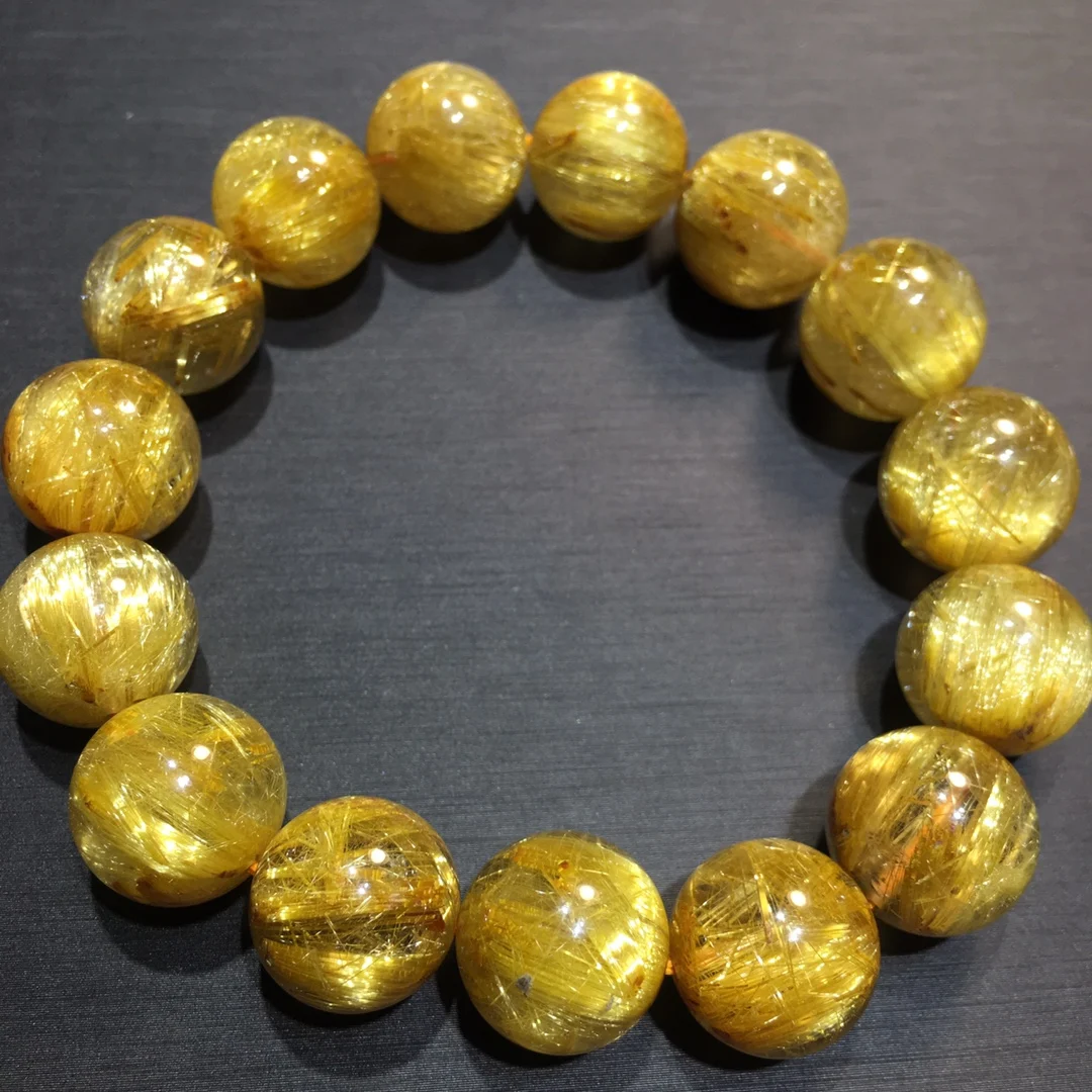 

14 мм натуральное золото рутилированный кварцевый браслет ювелирные изделия для женщин леди мужчин подарок богатства Рейки целебный кристалл круглые бусины нити