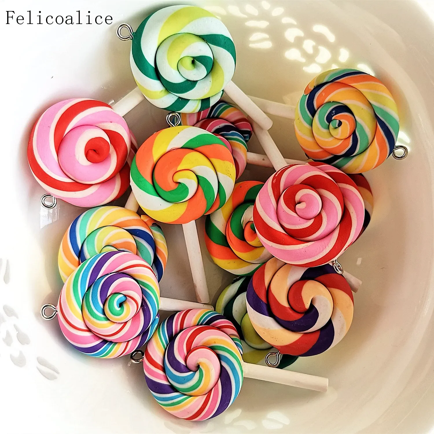 8pcs Cute Spiral Rainbow Polymer Clay Cabochons Beauty Kawaii Lollipop Candy Charms Flatback Pendant For DIY Phone Decoration