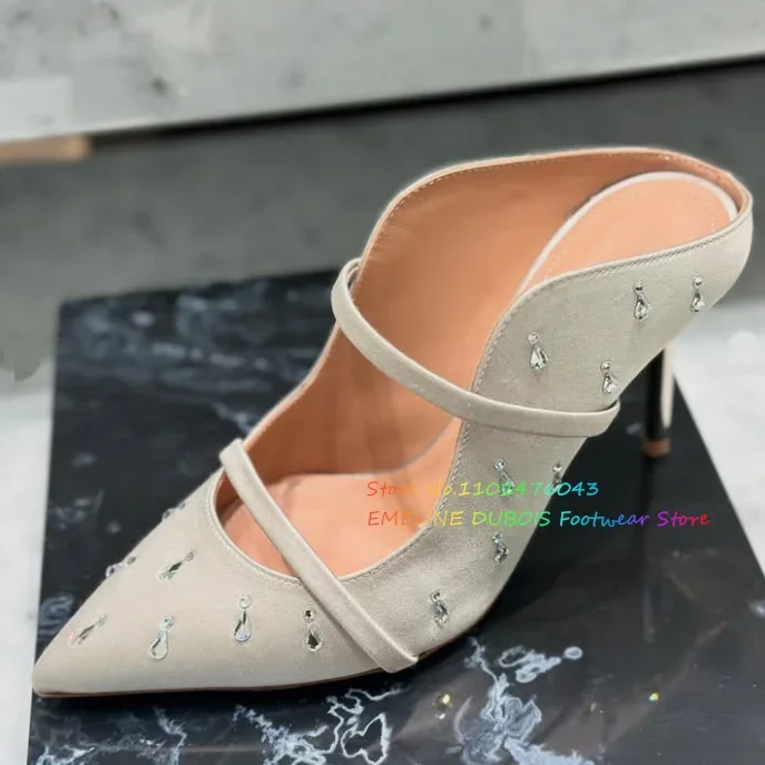 

Black Satin Crystal Embellished Heeled Mules Women vintage Pointes Toe Stiletto Heel ELegant Slip On Pumps Solid Color Slippers