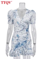 TTQV Sexy Slim Print Women's Dress 2026 Summer V-Neck Short Sleeve Mini Dresses Elegant Classic Ruffles Female Dress Streetwear - Image 5
