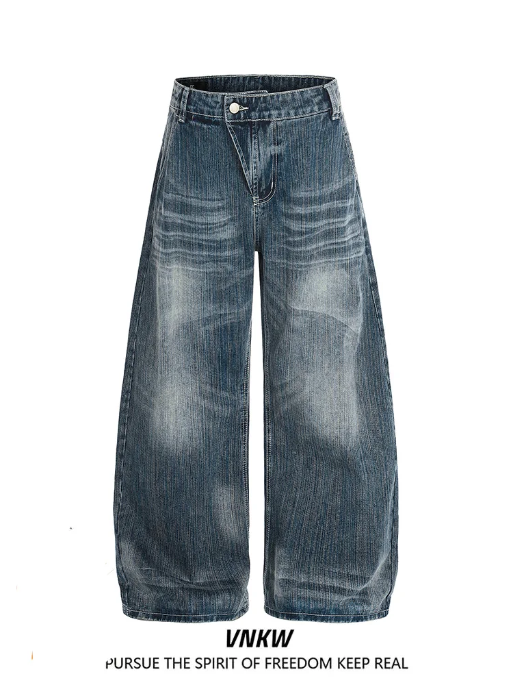 

Retro American Blue Jeans Men Women Washed Whisker Pattern Loose Wide Leg High End Feeling Long Pants Casual Style