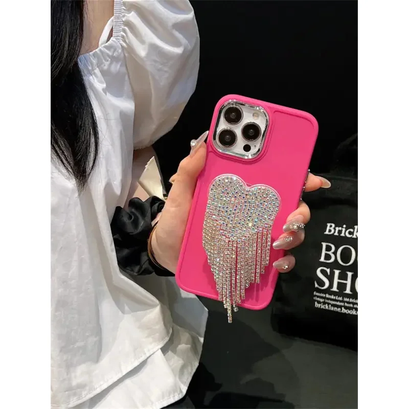 Korean Luxury Glitter Rhinestone Tassels Heart Bracket Rose Red Case For iPhone 16 15 14 13 12 11 Pro Max Shockproof Cover