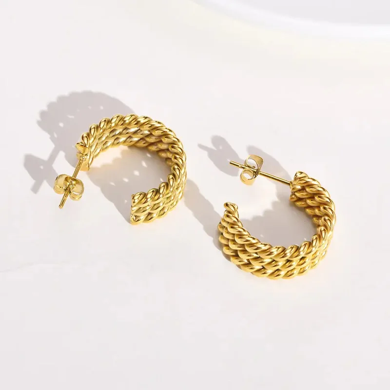 Creative Multilayer Thread Twisted C Shape Hoop Earrings Waterproof Stainless Steel Distortion Interweave Hammered Ear Jewelry