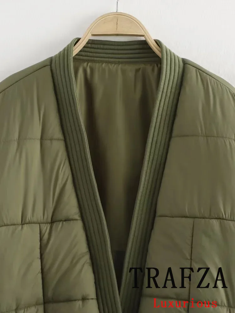 TRAFZA Casual Vintage Green Solid Women Oversized Jackets V-Neck Pockets Button Thick Coats New Fashion 2024 Autumn Winter Coats