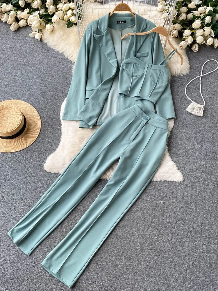 Women Elegant Blazer Three Piece Sets Sexy Tank Tops Loose Jacket and Slim High Waisted Long Pants Suits Woman Outfits