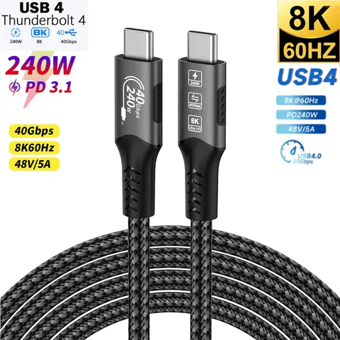 8K USB4 유형 C 케이블 40Gbps 240W PD3.1 QC4.0 Samung Thunderbolt 4 고속 충전 케이블 Thunderbolt3 USB C-C 데이터 전송