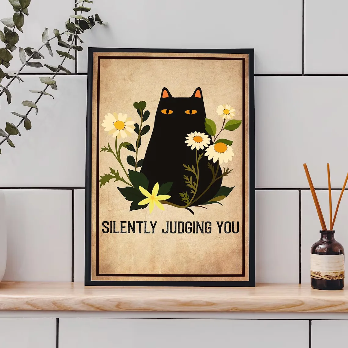 Black Cat Floral Wall Decor Print - Perfect Gift for Cat Owners, Farmhouse Home Stylists, or anyone styling casual kitchen an
