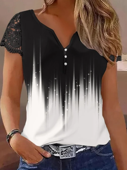 

Women's Casual T-Shirt 2024 Spring Summer Latest Abstract Print Notch Neck Lace Patch Top Short Sleeve Button Versatile Blouse