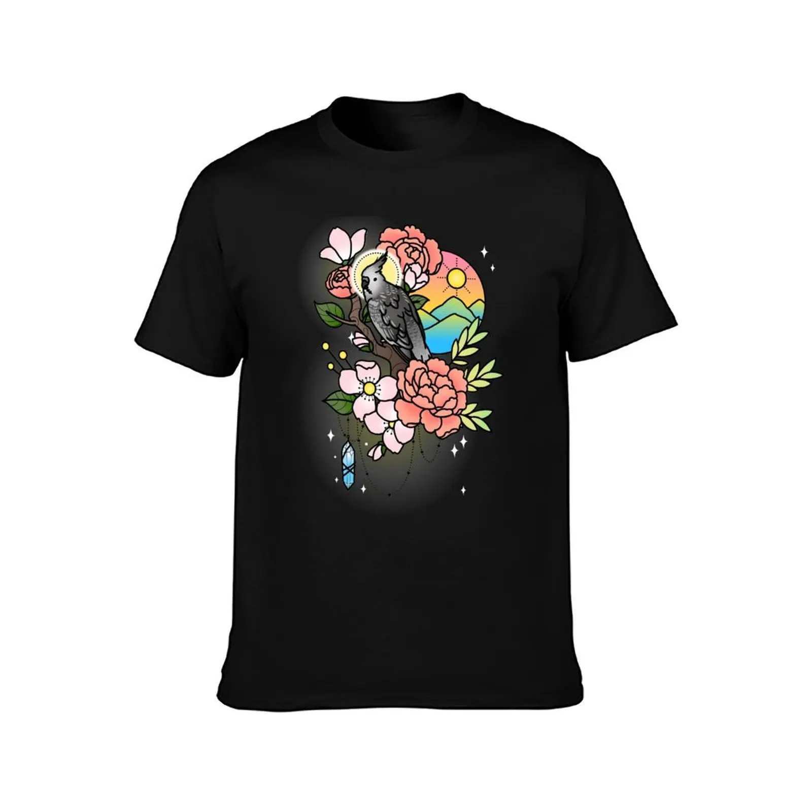 White-faced Cockatiel Tattoo-style T-Shirt Large Size Loose Casual Tee T-Shirt
