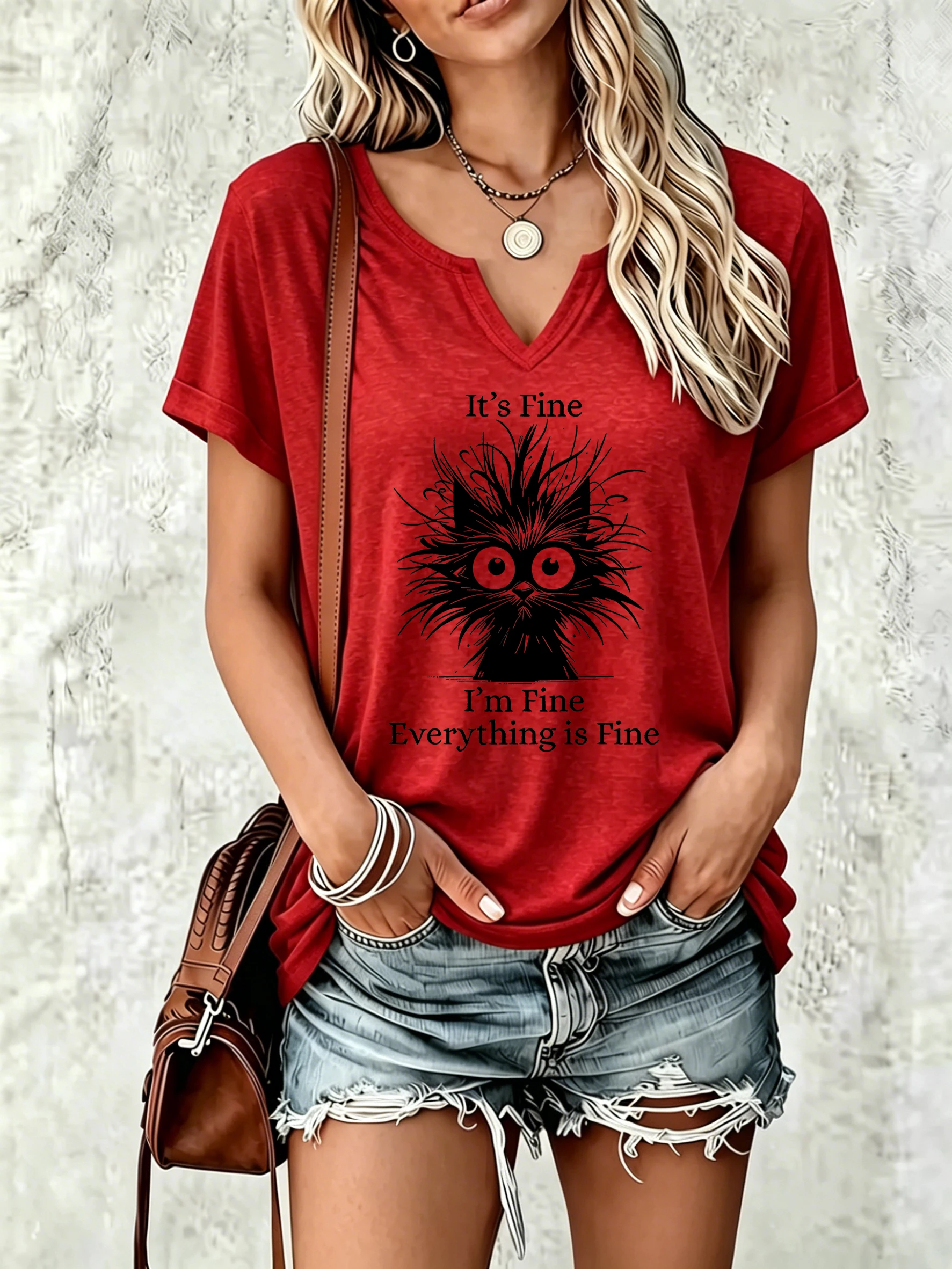 Women Summer Notch V Neck Short Sleeve T-Shirt, It's Fine I'm Fine Everything Is Fine Frazzled Cat Graphic Print Casual Tee
