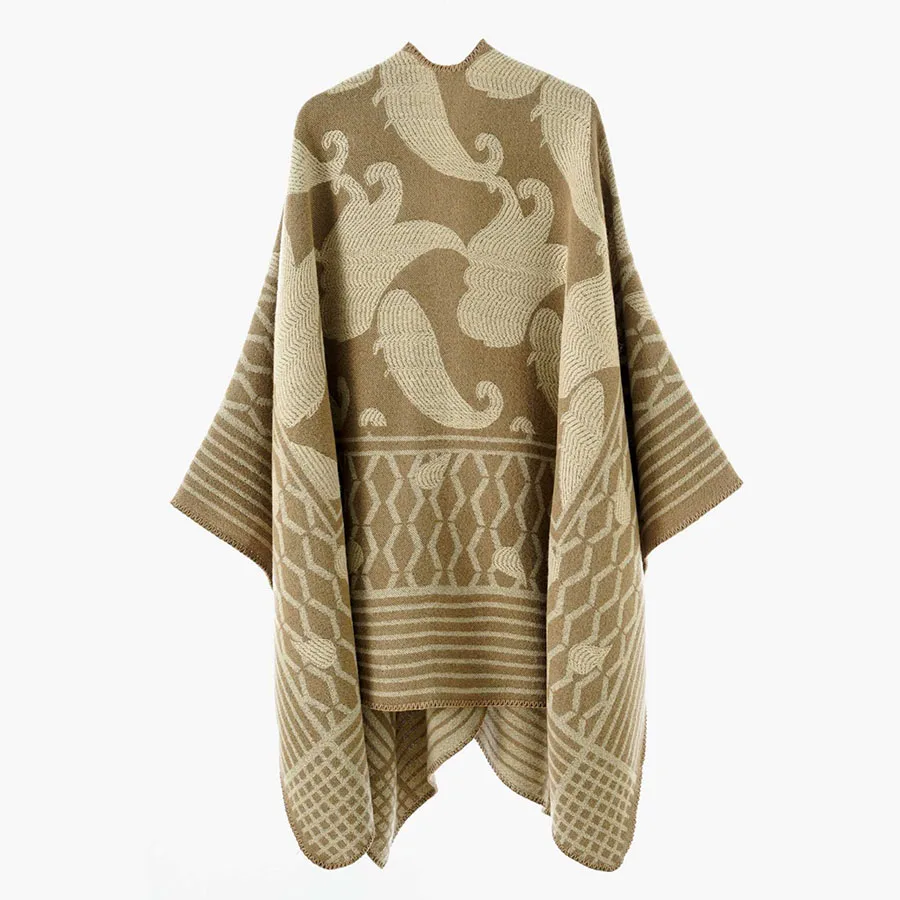 Women Geometric Jacquard Poncho Shawl Oversize Vintage Open Front Faux Cashmere Cape Autumn Winter Casual Travel Warm Wrap