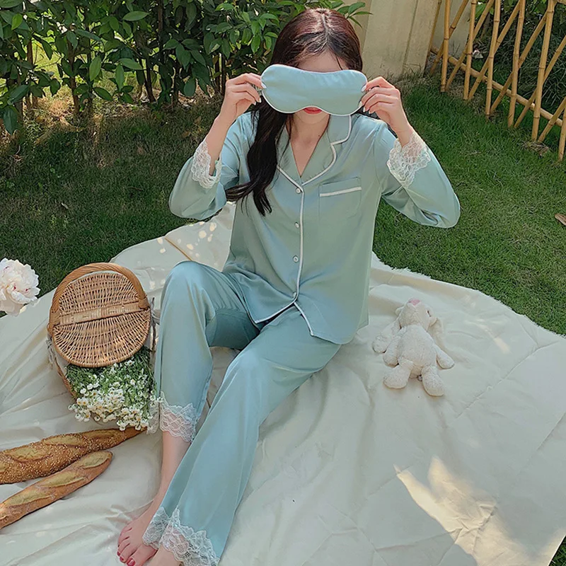 Cardigan Lace Women\'s Pajamas Long-sleeved Home Wear Set Nightwear Nightie Ice Silk Green Pajamas for Women Spring and Autumn