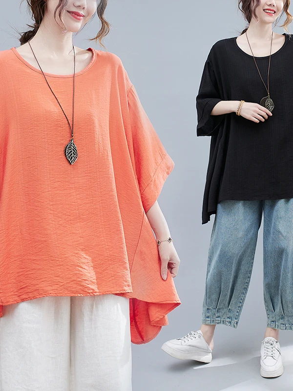 안티에이징 루즈핏 예술적 스타일 플러스 사이즈 여성용 티셔츠, 몸매를 가려주는 슬림핏 탑, 더 젊어 보이는 여름 의류