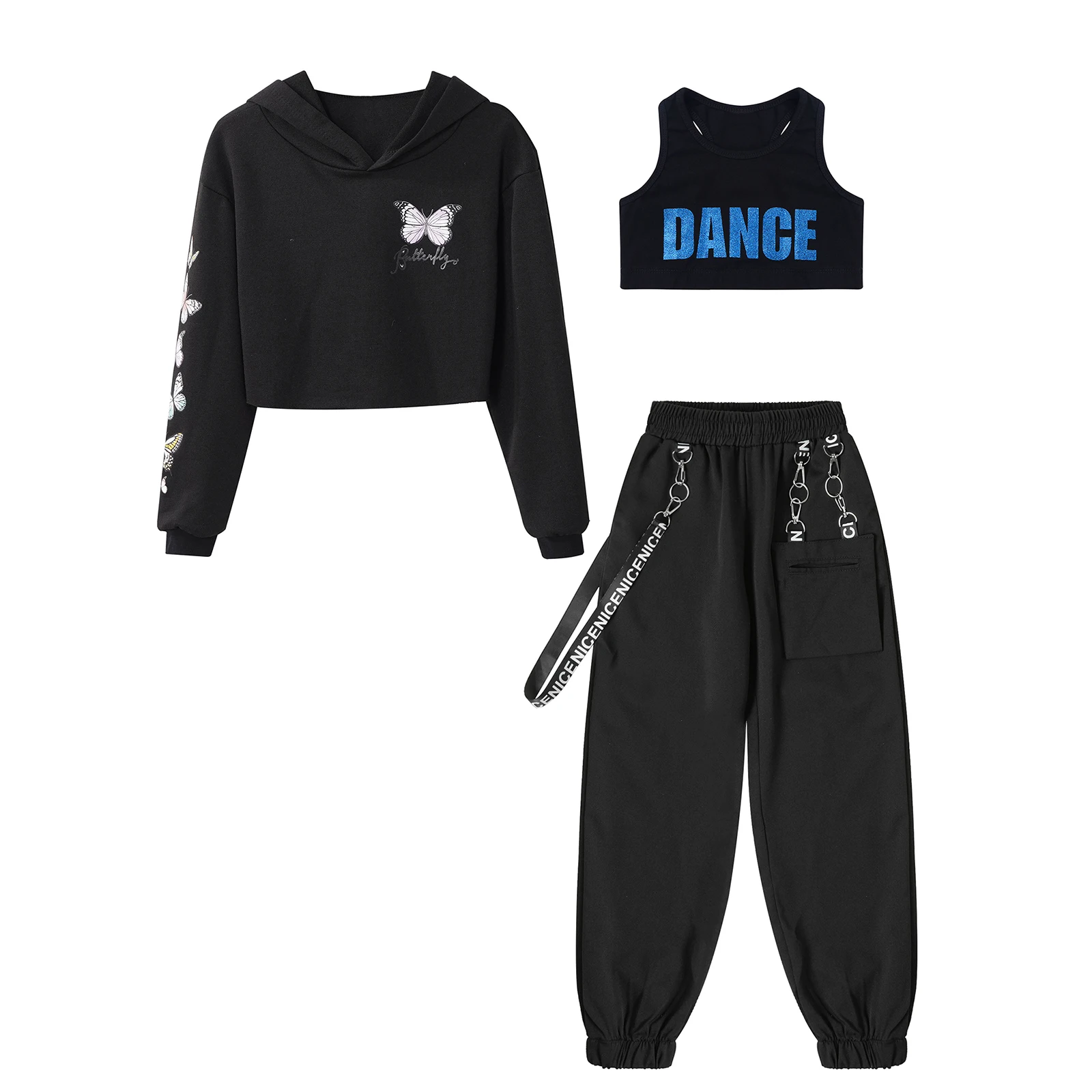 Teen Girls Jazz Dance Outfits Sport Tank Top with Hooded Sweatshirt And Metal Chain Pants Set for Street Dance Jogging Workout