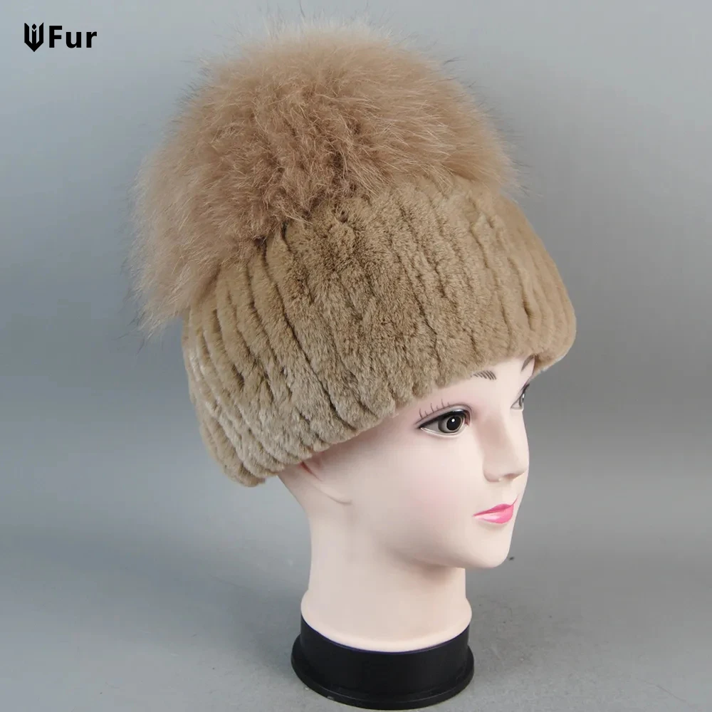 

Winter Russian Natural Rex Rabbit Fur Hat Women Elastic Warm Soft Handmade Knitted Real Fur Caps Fox Fur Pom Poms Beanies Hats