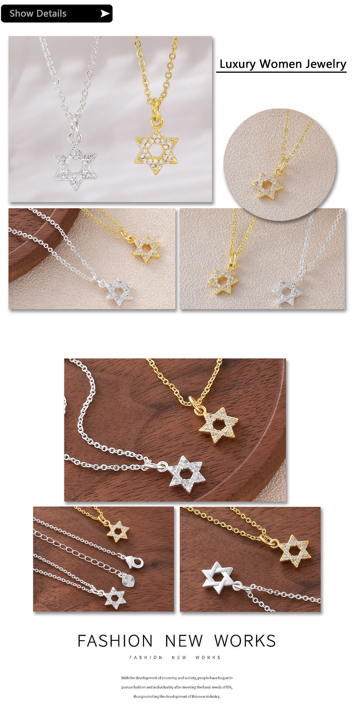 MHS.SUN Modische Halsketten mit Hexagramm-Anhänger aus kubischem Zirkon für Damen und Herren, Davidstern, vergoldete Kette, Geburtstagsparty-Schmuck – Detail 16
