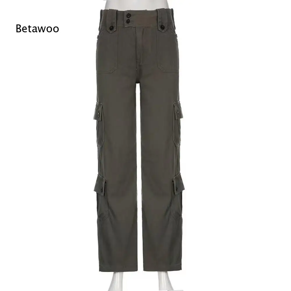 Solid Dark Olive Straight Leg Cargo Pants Women Double Button Closure Multi Layer Side Flap Pocket Relaxed Fit Long Trousers