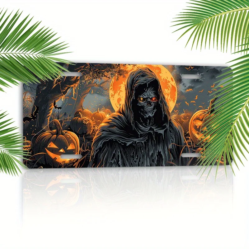2D Flat, 1pc Death And Pumpkin Novelty Aluminum License Plate- Durable Car Accessory, 15.24X30.48cm