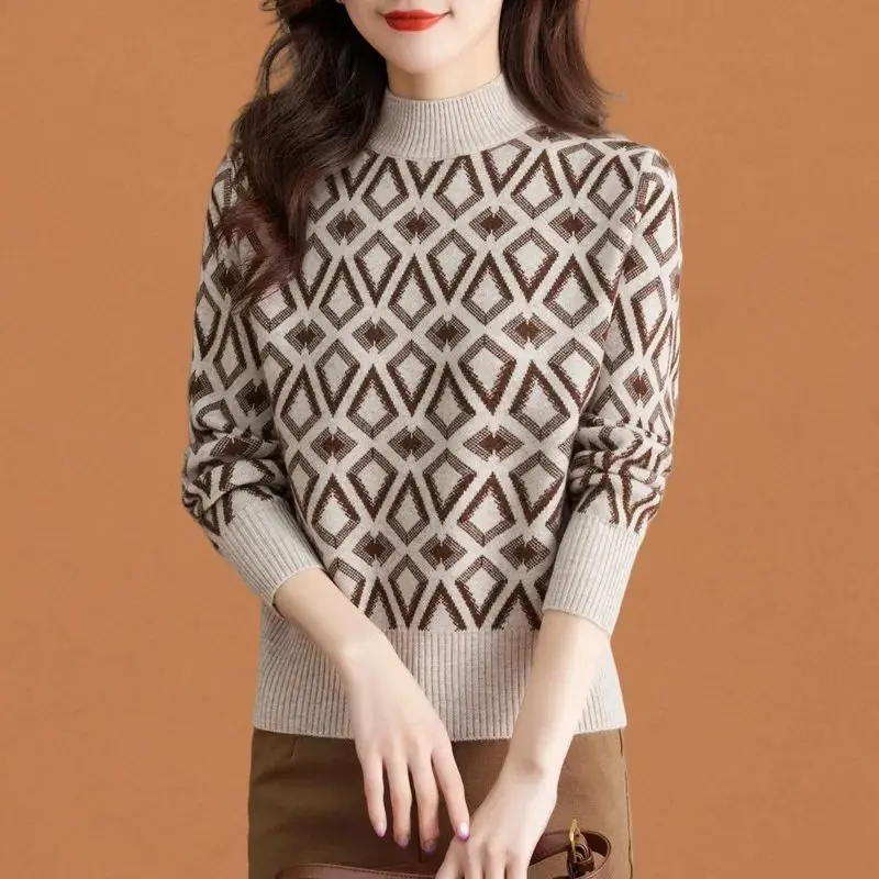 

Women's Clothing Autumn Winter Contrast Color Screw Thread Geometric Sweater Knitted Pullover Long Sleeve Casual Elegant Tops