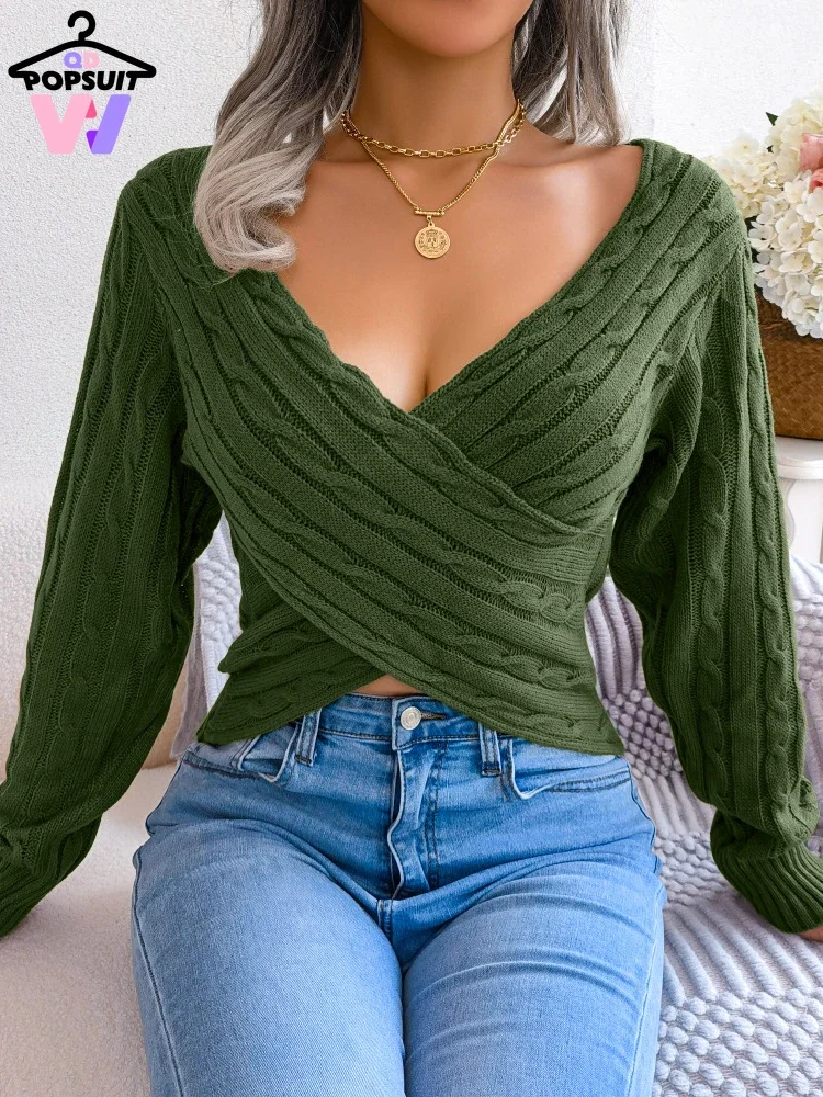 Sexy Sweater Women New in Spring Autumn Fried Dough Twists Criss-Cross V-neck Pullover Ladies Knitted Navel Exposed Clothes