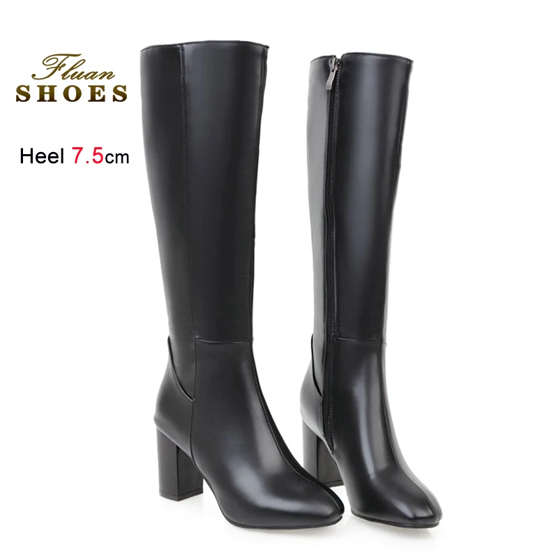

7.5CM High Heel Boots Black Pu Leather Knee Boots for Women New British style Outdoor Female Shoes Fashion Long Botas Footwear