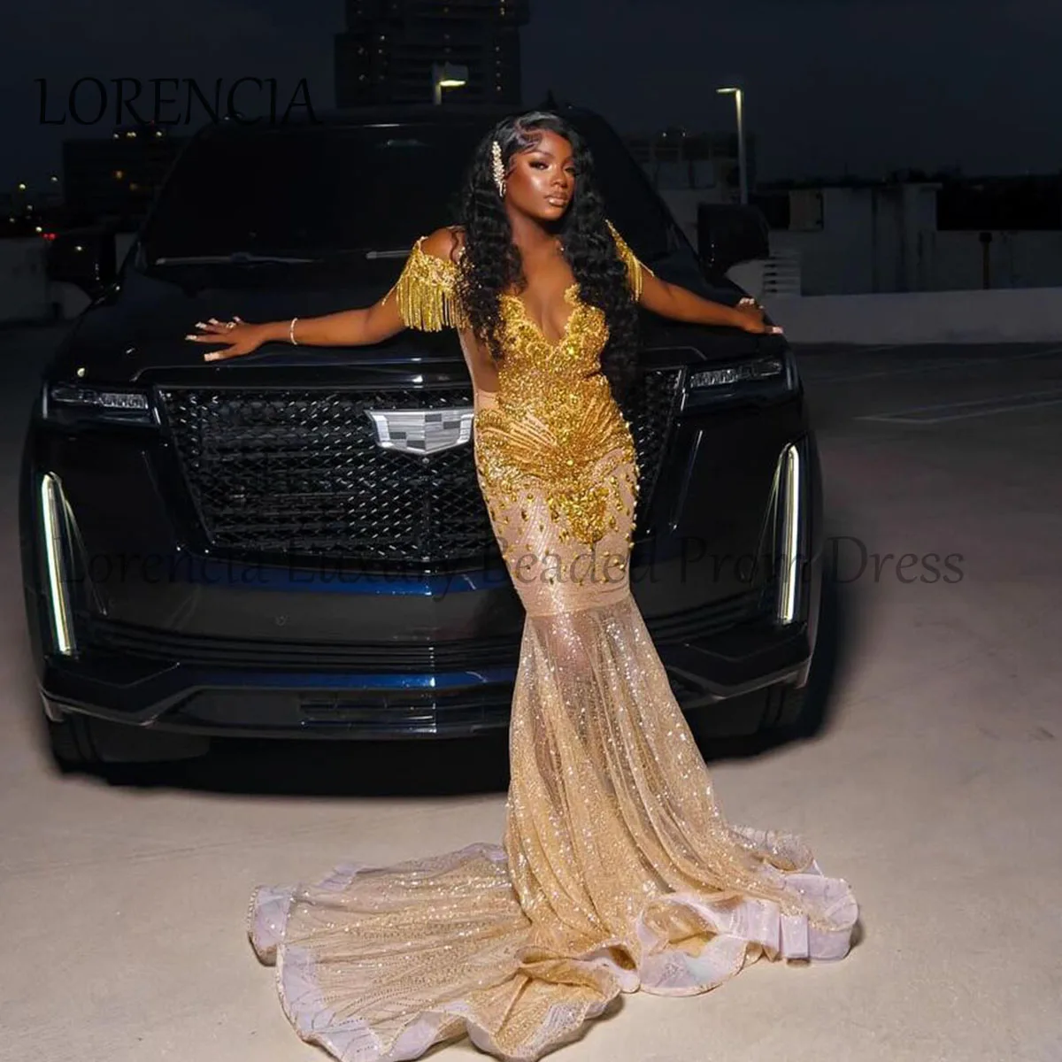 Vestidos de graduación de sirena de encaje con diamantes brillantes para niñas negras, cuentas de borla, cristales, vestido de fiesta de noche Formal, 2024