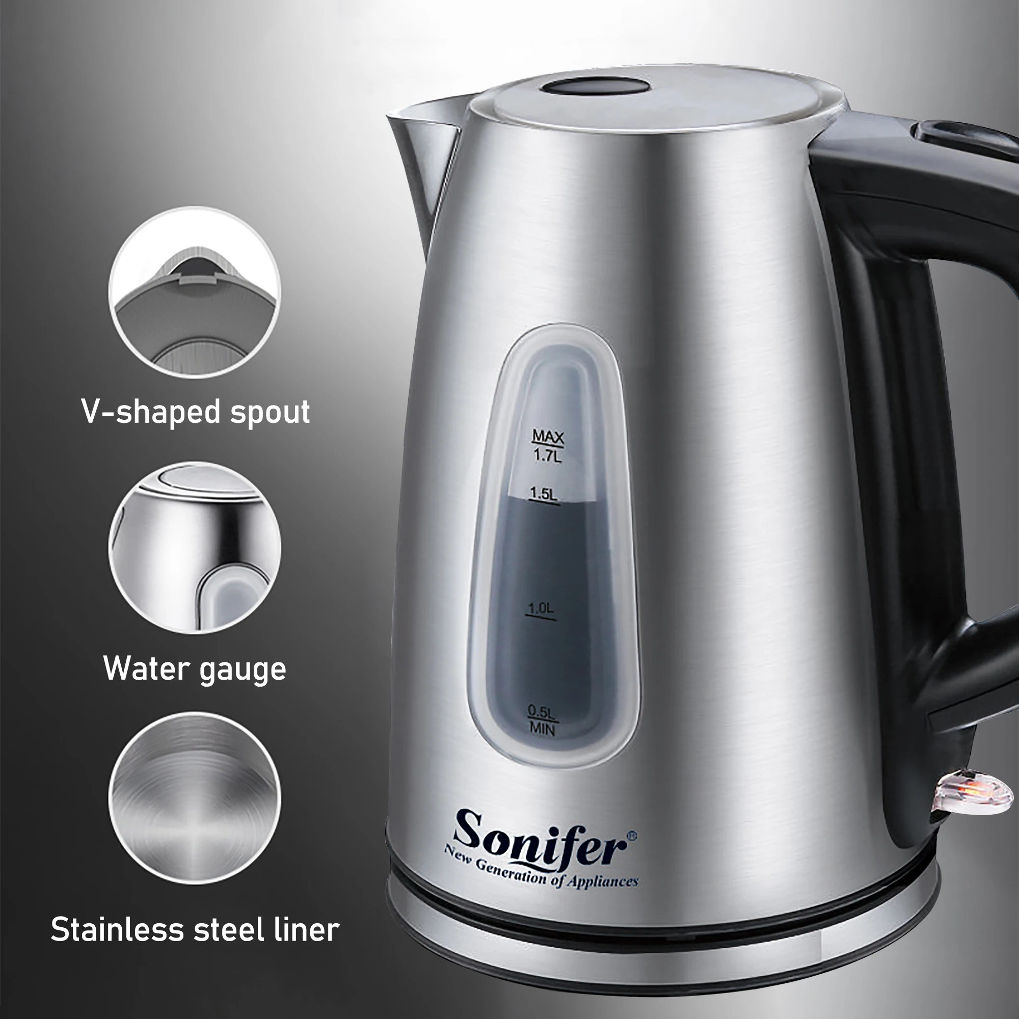 1.7L Electric Kettle Stainless Steel Kettle Cordless 2200W Household Kitchen Fast Heating Boiling Teapot Pot For Gift Sonifer