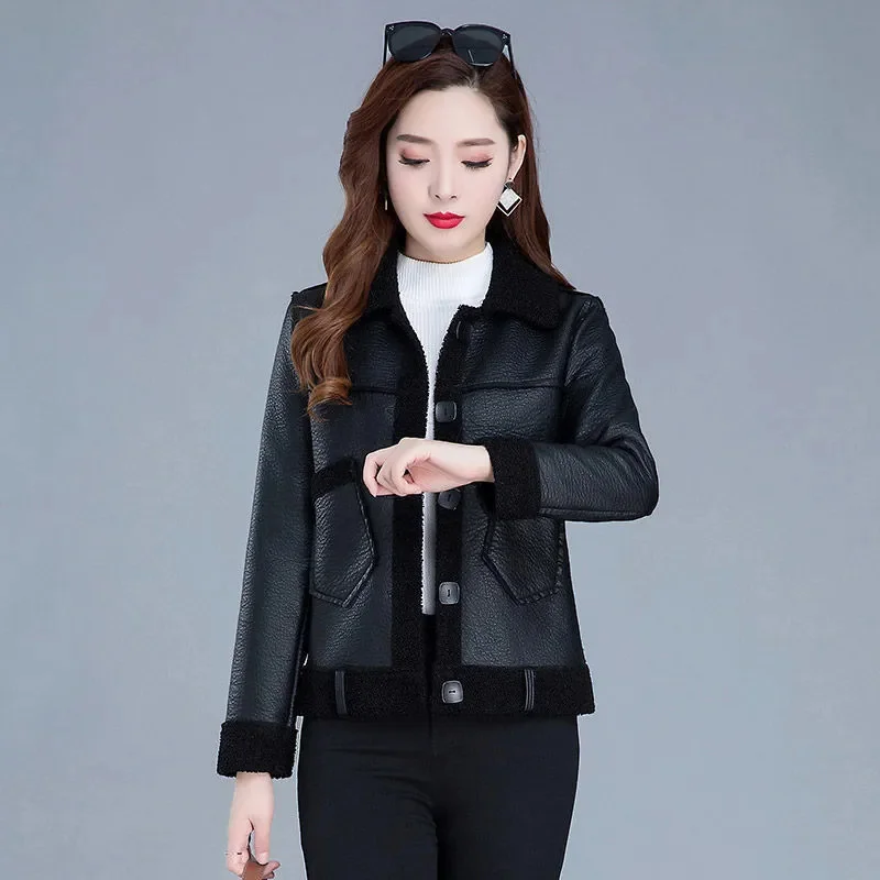 Middle Aged Women's Leather Jacket Women's Velvet Thicken Autumn And Winter New Faux Fur Coat Leather Jacket Short PU Coat Black