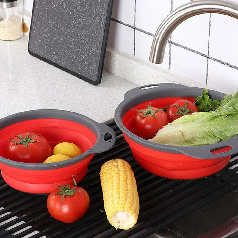 Foldable Vegetable Basket Silicone Colander Kitchen Folding Washing Drain Basket Plastic Storage Fruit Round Cleaning Basin