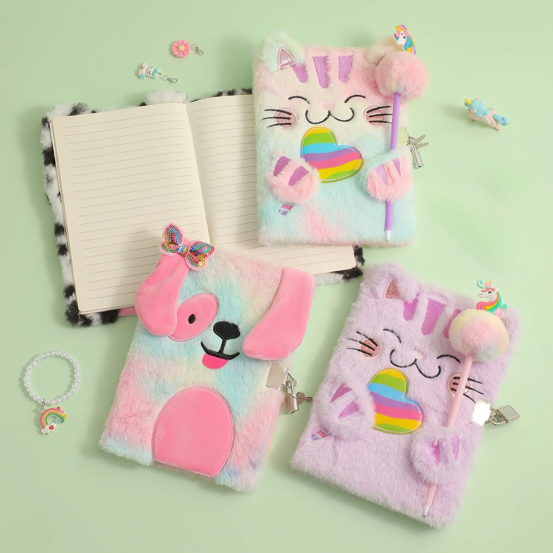 2024 New Cartoon Plush Cute Cat with Lock Notebook Kawaii Dog Writing Diary Notebook Children\'s Kindergarten Prize Gift