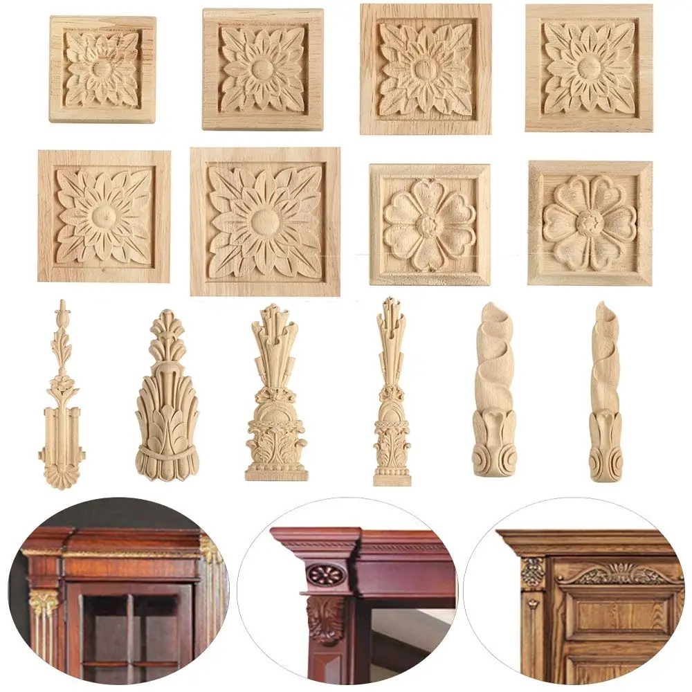 Apliques de madera Natural de tallado exquisito de flores Vintage para muebles, molduras de madera sin pintar, calcomanía, adorno artesanal