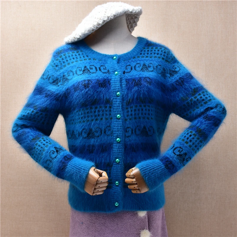 Ladies Women Autumn Winter Clothing Vintage Blue Hairy Angora Rabbit Hair Knitted Long Sleeves Slim Cardigan Sweater Jacket Pull