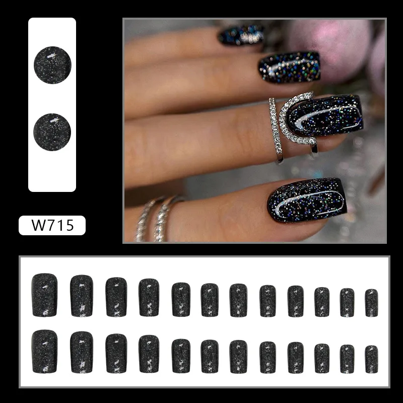 24 pçs unhas falsas para colar cor sólida glitter imprensa falsa em unhas acrílicas de alta qualidade médio quadrado dicas de unhas preto outono