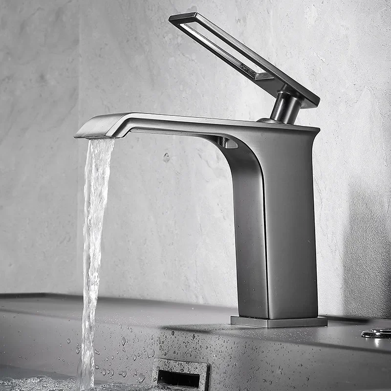 

Gray Bathroom Faucet Gold Bathroom Basin Cold And Hot Water Mixer Sink Tap Single Handle Deck Mounted