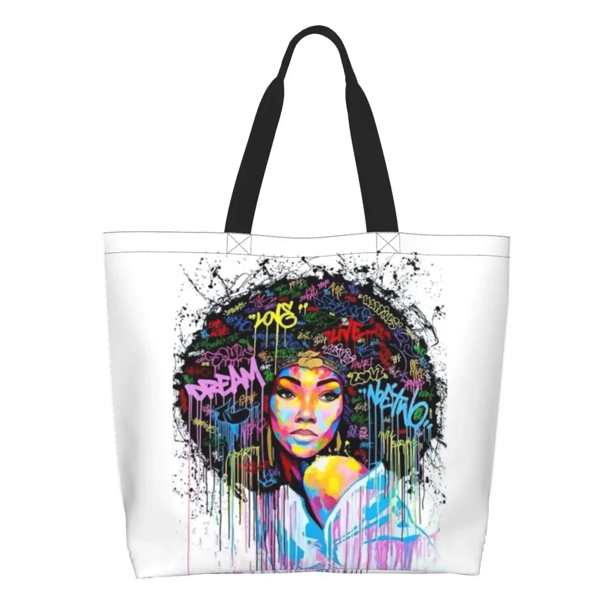 American African Girl Black Women Groceries Shopping Tote Bag Women Cute Canvas Shopper Shoulder Bag Large Capacity Handbags