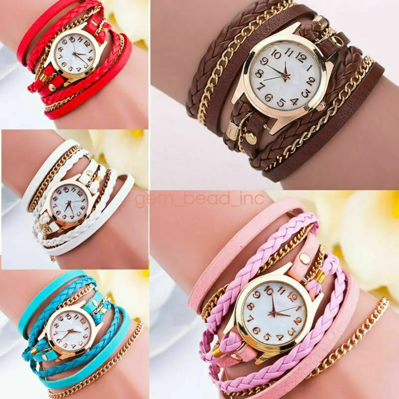 Bracelet Wending Analog Watches PU Wristwatch Quartz Watch Woven Leather Women