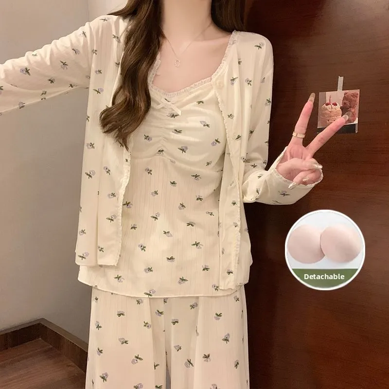 春秋の女性用寝間着、ストラップ付きレーストリム、長袖長ズボン、3点セット、ピュアで花柄の爽やかなホームウェア 1