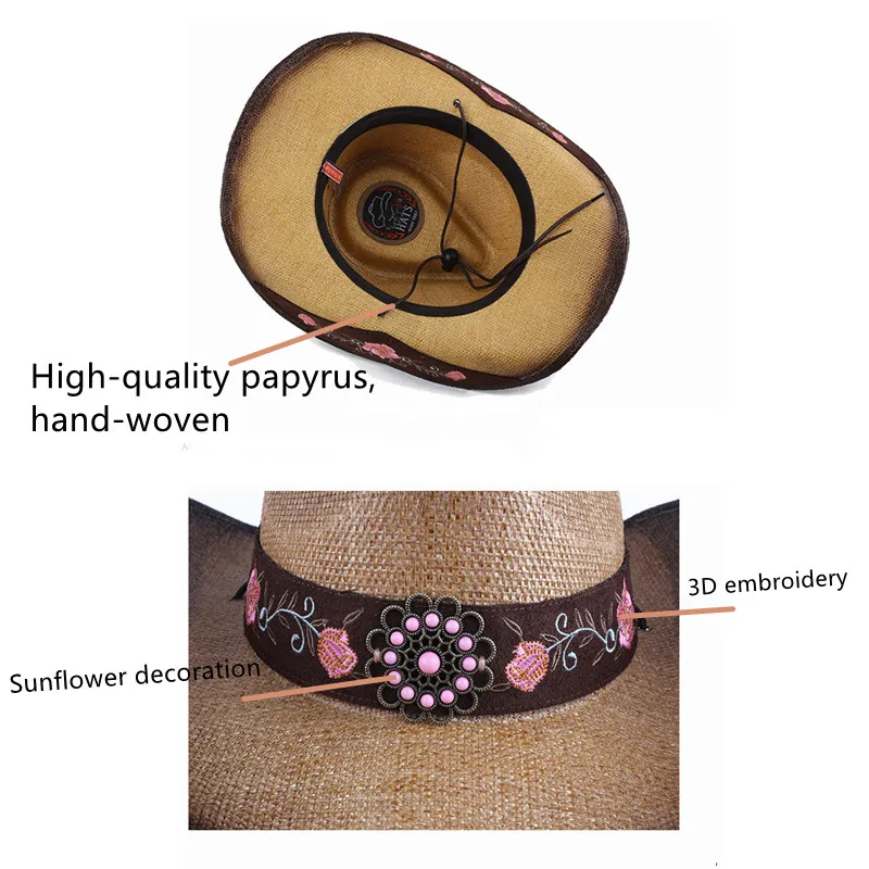 Three-dimensional embroidery handmade straw hat western cowboy hat men cap outdoor women hat light luxury European and American