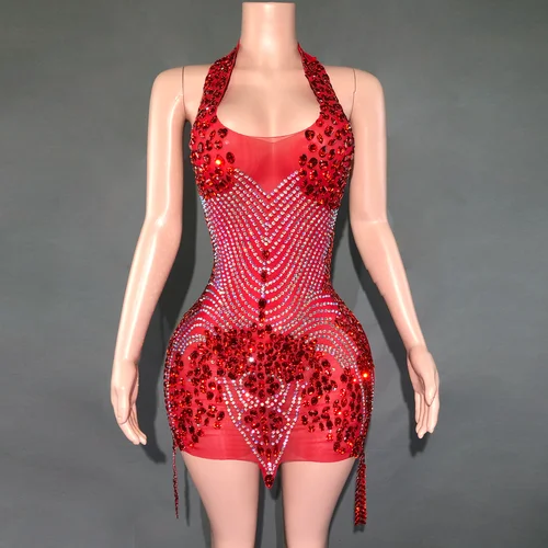 Imagen 1 del producto Vestido corto de terciopelo rojo con espalda descubierta para mujer, traje Sexy con cuello Halter, diamantes de imitación brillantes, vestido de noche, fiesta de graduación, celebración, cumpleaños, fotografía