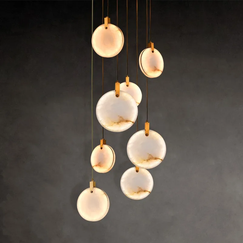

Cross-border duplex building living room large chandelier marble all-copper new Chinese staircase long chandelier villa rotating