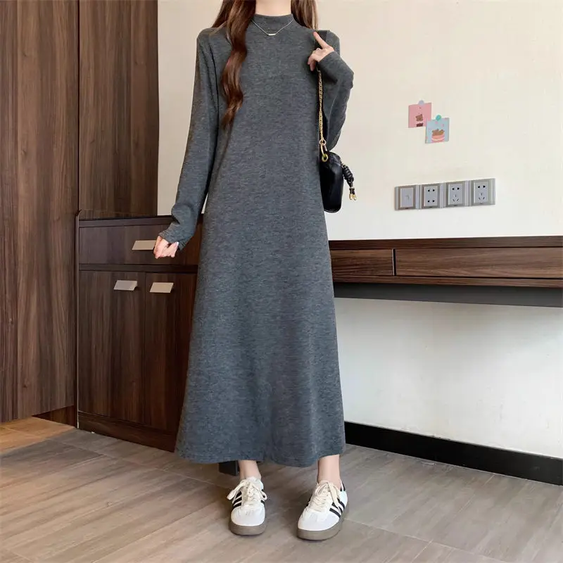 Large Size Solid Color Half High Long Sleeved Knitted Dress 2024 Spring Autumn Women\'s New Lazy Style Loose Sweater Dress Z4479