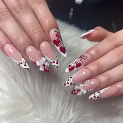 24pcs French Cherry False Nails 3d Bow Pearl Sweet Style Fake Nail Tips Full Cover Wearable Press on Nails Valentine's Day Gift