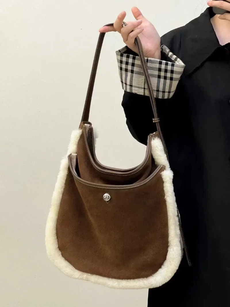 Lamb Wool Bolsos Mujer Suede Cow Leather Hand Bag High Capacity Commute Sac Femme Underarm Shoulder Bags Bucket Tote Bolso