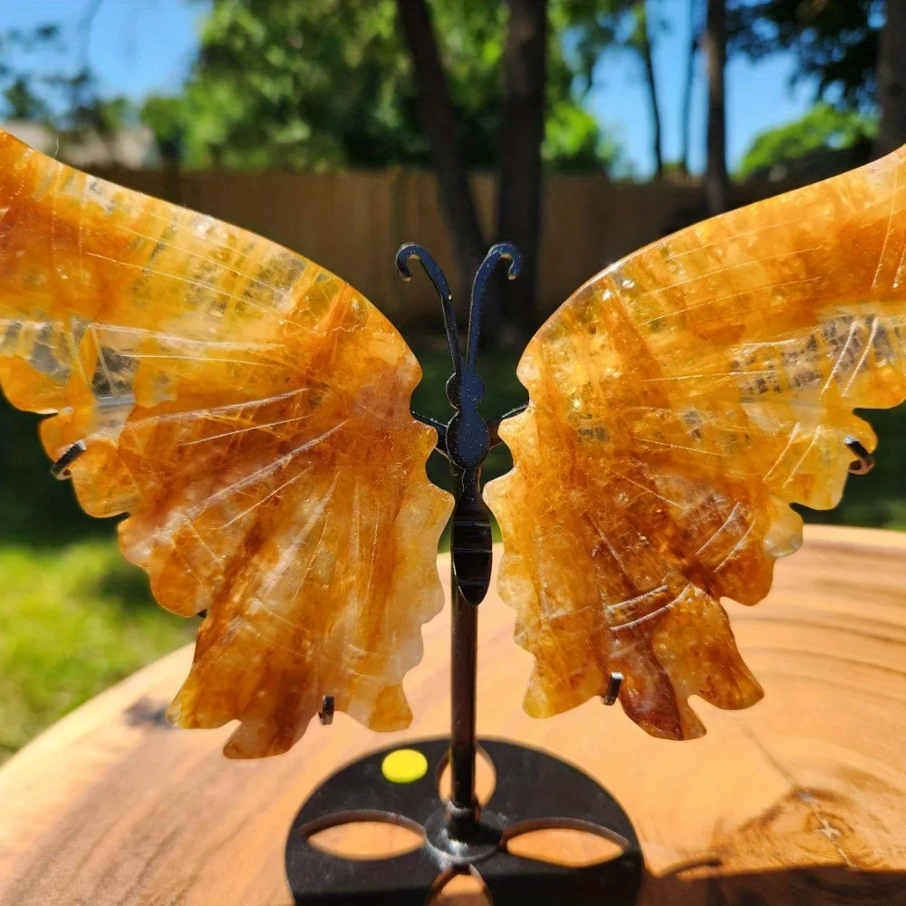 1pc Fire quartz/Golden healer butterfly wings Crystal butterfly wings with free stand Wings carving Home decoration Crystal gift