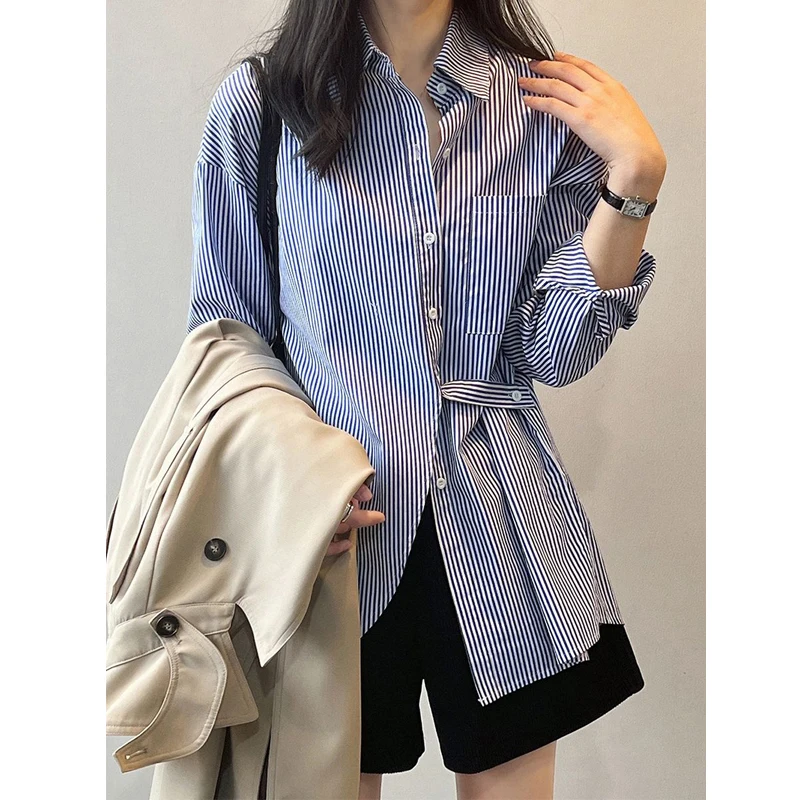 2024 Women Korean Fashion Striped Asymmetrical Split Shirts Office Lady Elegant Chic Casual Tunic Blouse Loose Long Sleeve Tops