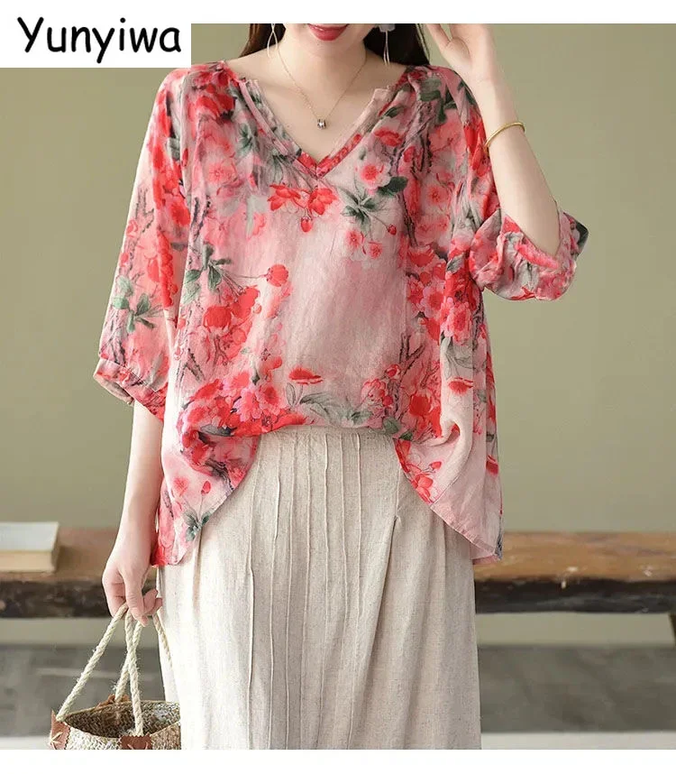 Summer Shirt Vintage Floral Print Tops Women v Neck Leisure Chic Loose Blouses Cotton Linen Thin Half Sleeve Shirts Lady Blusas