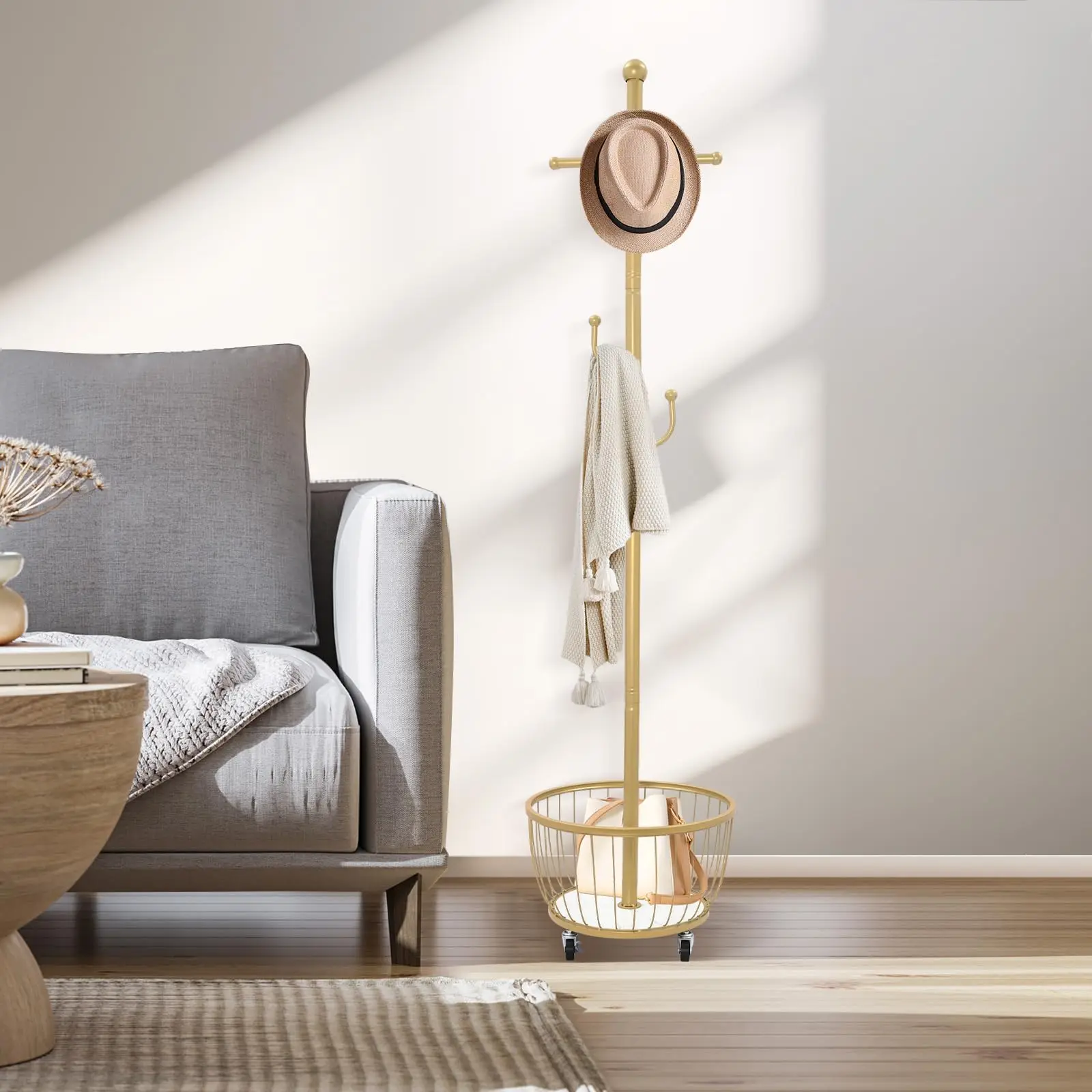Cabide de pé com rodas, cabide de entrada moderno com cesta de armazenamento e 6 ganchos, árvore de metal de chão sta